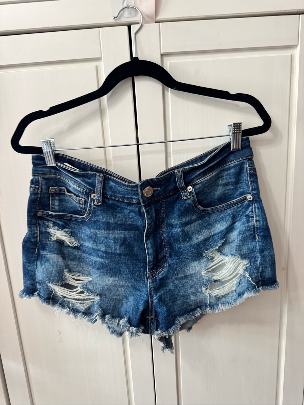American Eagle Outfitters Distressed Dark Blue High Rise Shortie 12